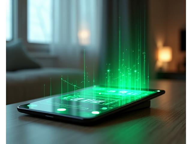 Tablet displaying fitness app connected to a smart treadmill, with virtual workout in the background.